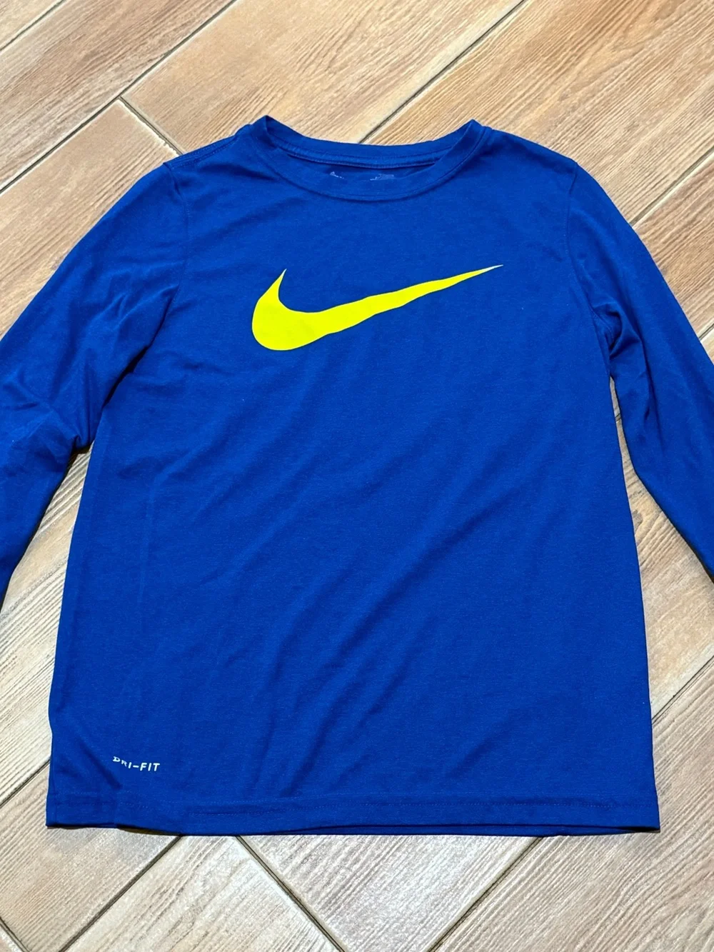Nike Blue Long-Sleeve Dri-Fit Tee with Yellow Swoosh